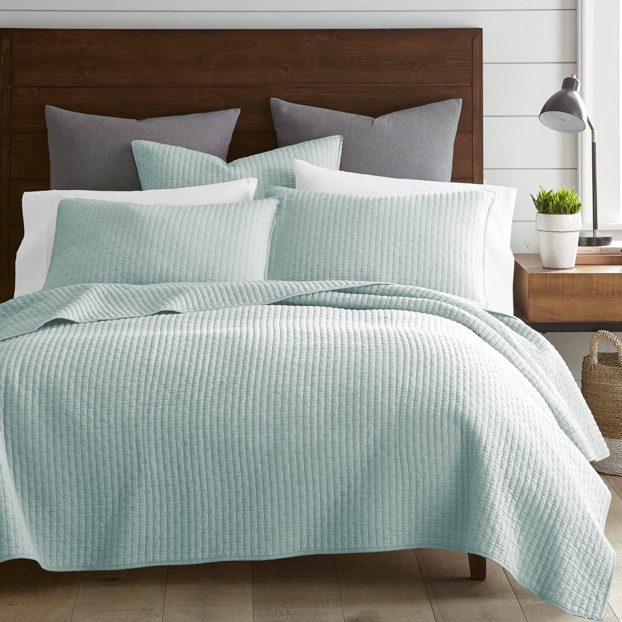 Photo 1 of Levtex Home Cross Stitch Reversible Full/Queen Quilt Set (88x92in) with 2 Pillow Shams (26x20in) - Stitch Texture - Blue Haze - Cotton Full/Queen Size Quilt Bedding Set - Lightweight, Soft, Pre-Washed