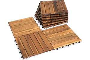VICTORY RELAX Acacia Wood Decking Tiles 9PCS - Easy Snap Interlocking Deck Tiles for Patio Poolside Balcony Decor - All Weather Waterproof Flooring for Indoor & Outdoor (Round Joints)
