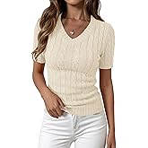 PRETTYGARDEN Womens Summer Short Sleeve Sweater Cable Knit V Neck Sweaters Shirts Fitted Work Tops Business Casual Outfits