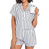 Ekouaer Womens Button Down Pajamas Set 2 Piece Sleepwear Short Sleeve Pjs Soft Stripe Lounge Sets