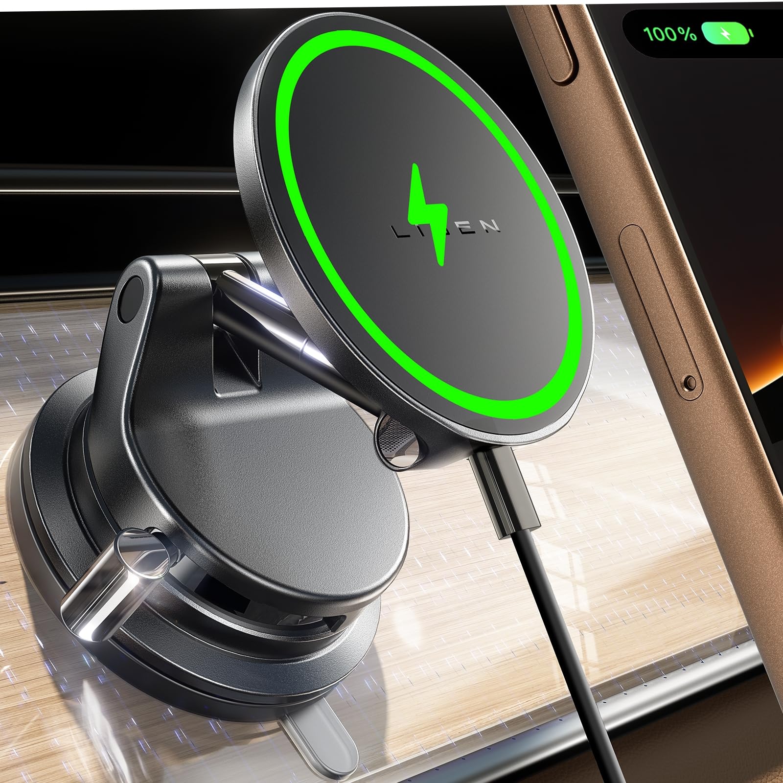 Photo 1 of LISEN 15W Magsafe Car Mount Charger?[Lever Lock] Suction Cup Phone Holder, [More Portable?Flexible] 360° Vacuum Magnetic Car Phone Holder Charger Wireless for 17 iPhone 16 15 14 13 12 Pro Max Plus