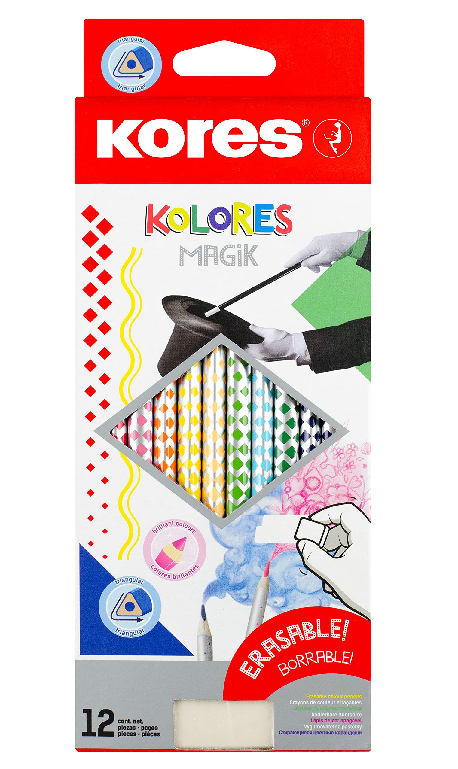 Kores - Kolores Magik, Erasable Colouring Pencils - Includes Rubber - Coloured Pencils with Soft Lead, Triangular Shape, FSC Wood - Back to School Supplies - Set of 12 in Assorted Colours