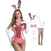 Angelaicos Womens Bunny Costume Set Senpai Cosplay Halloween Roleplay Bodysuit Stockings