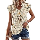 LOMON Floral Tops for Women Dressy Casual Ruffle Sleeve Chiffon Blouses Boho V Neck Tie Front Summer Flowy Shirts