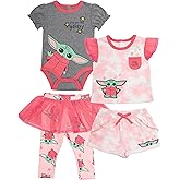 STAR WARS The Mandalorian Baby Girls' Clothing 4-Piece Set, Baby Yoda Baby Clothes with Bodysuit, Tee, Shorts, and Pants
