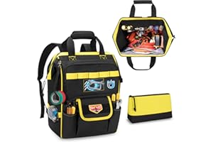 Rexmica Tool Bag Backpack with Zipper Pouch and Magnetic Attraction Area, Heavy-Duty Tool Storage Organizer Bag with Metal Fr