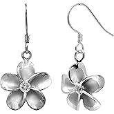 Honolulu Jewelry Company Sterling Silver Plumeria Flower Nature Hook Earrings with CZs, 12mm