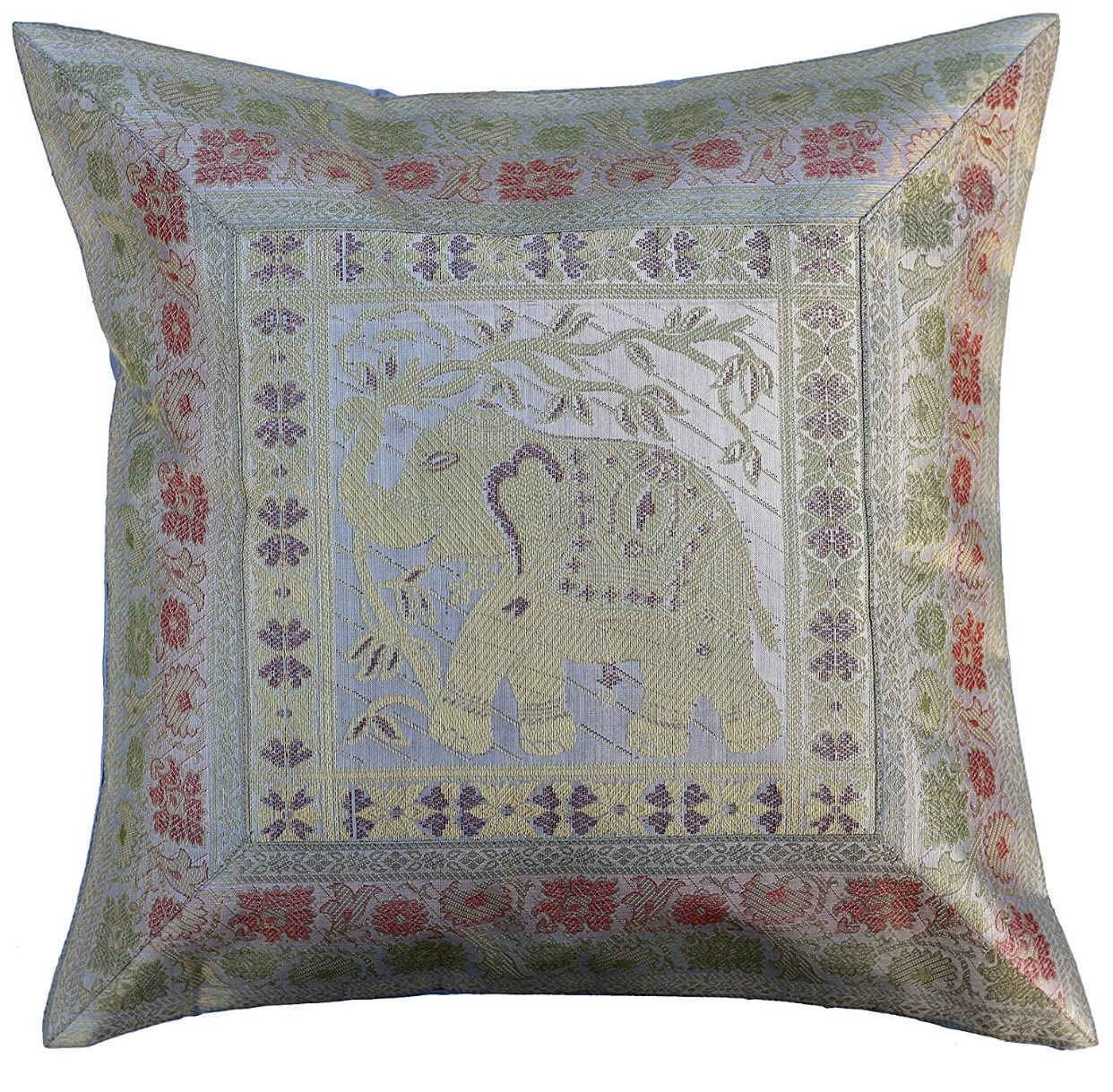 Original Kikan Indian Elephant Mandala Silk Cushion Covers Sari Brocade Boho Home Decor Cushion- Pillow Cases 16”x16” Zip Closure Banarsi | Ethnic - Handmade - Patchwork (Silver Grey)