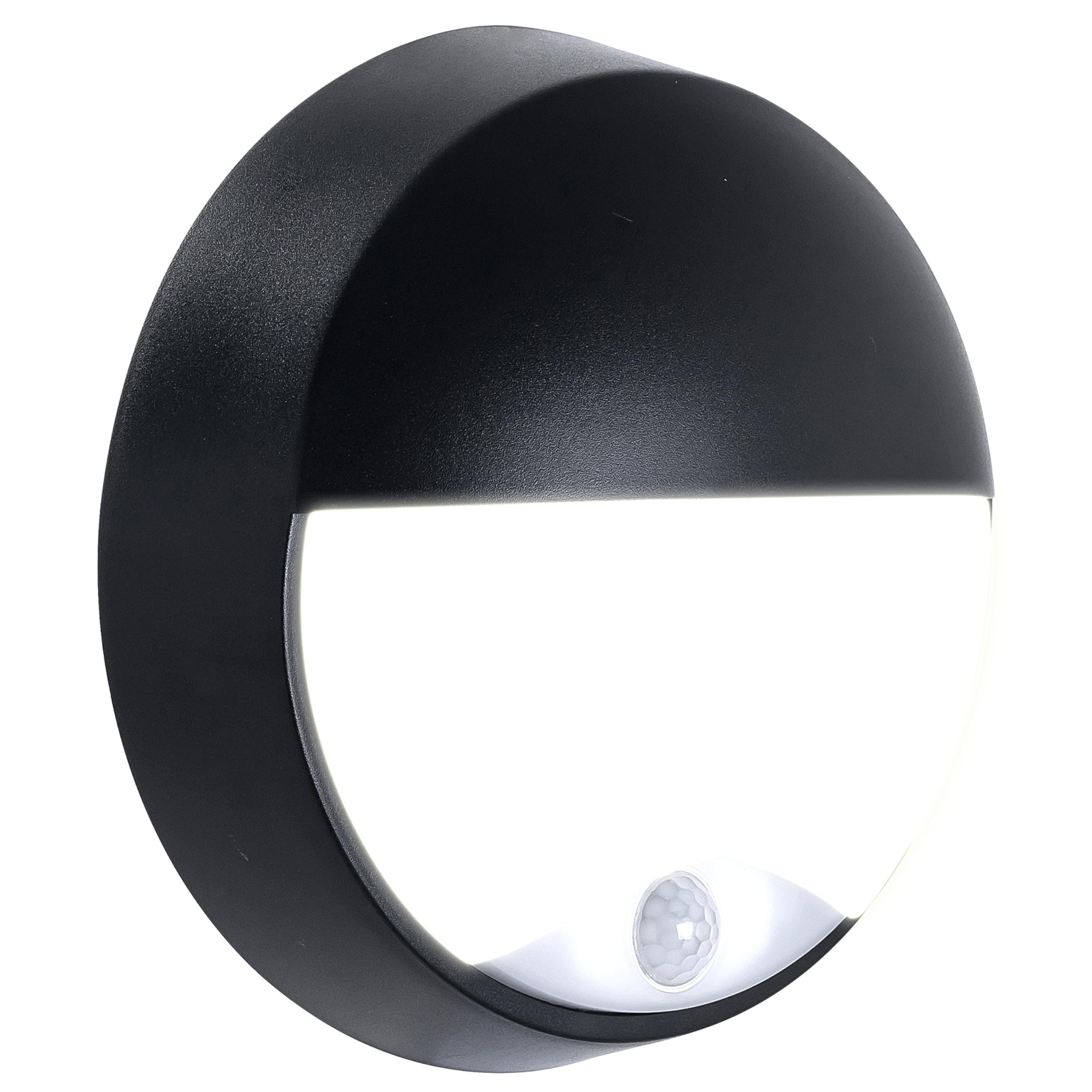 Luceco Eco Outdoor LED Bulkhead Light with PIR Motion Sensor, Decorative Exterior Lighting, Eyelid Design, Round, Black, IP54, 10W, 400lm, 4000K, EBEE10P40