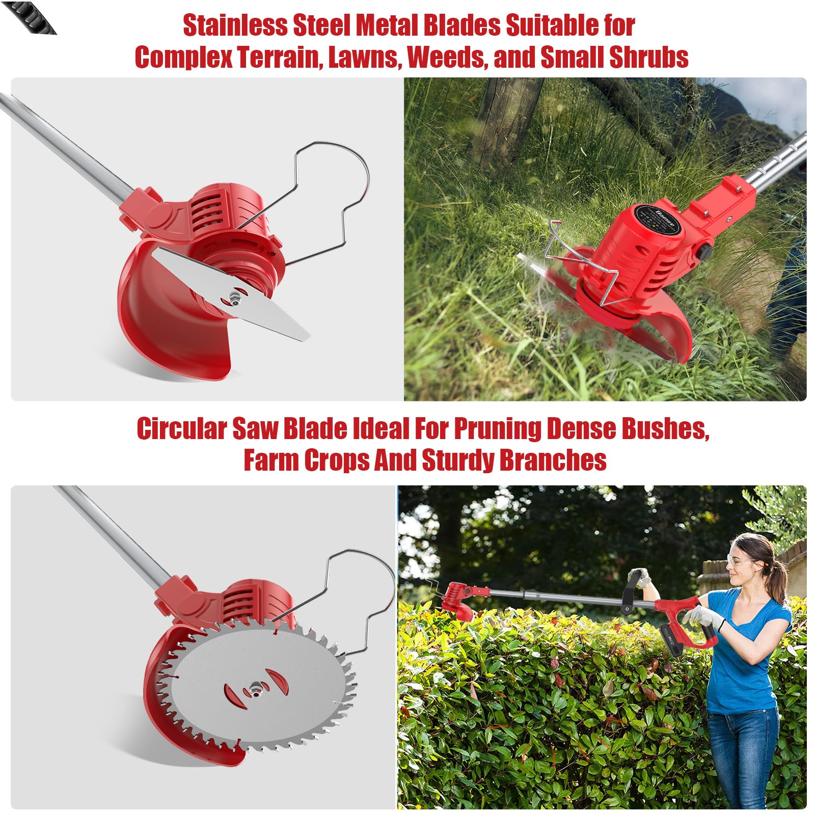 Bamse Rasentrimmer mit Akku – Akku Rasentrimmer, 11000 U/min, 2x2000mAh, Teleskopgriff 85–120cm, 2 Schneidköpfe – Freischneider Akku für Garten, Motorsense, Kantenschneider Rasen, Rot 5