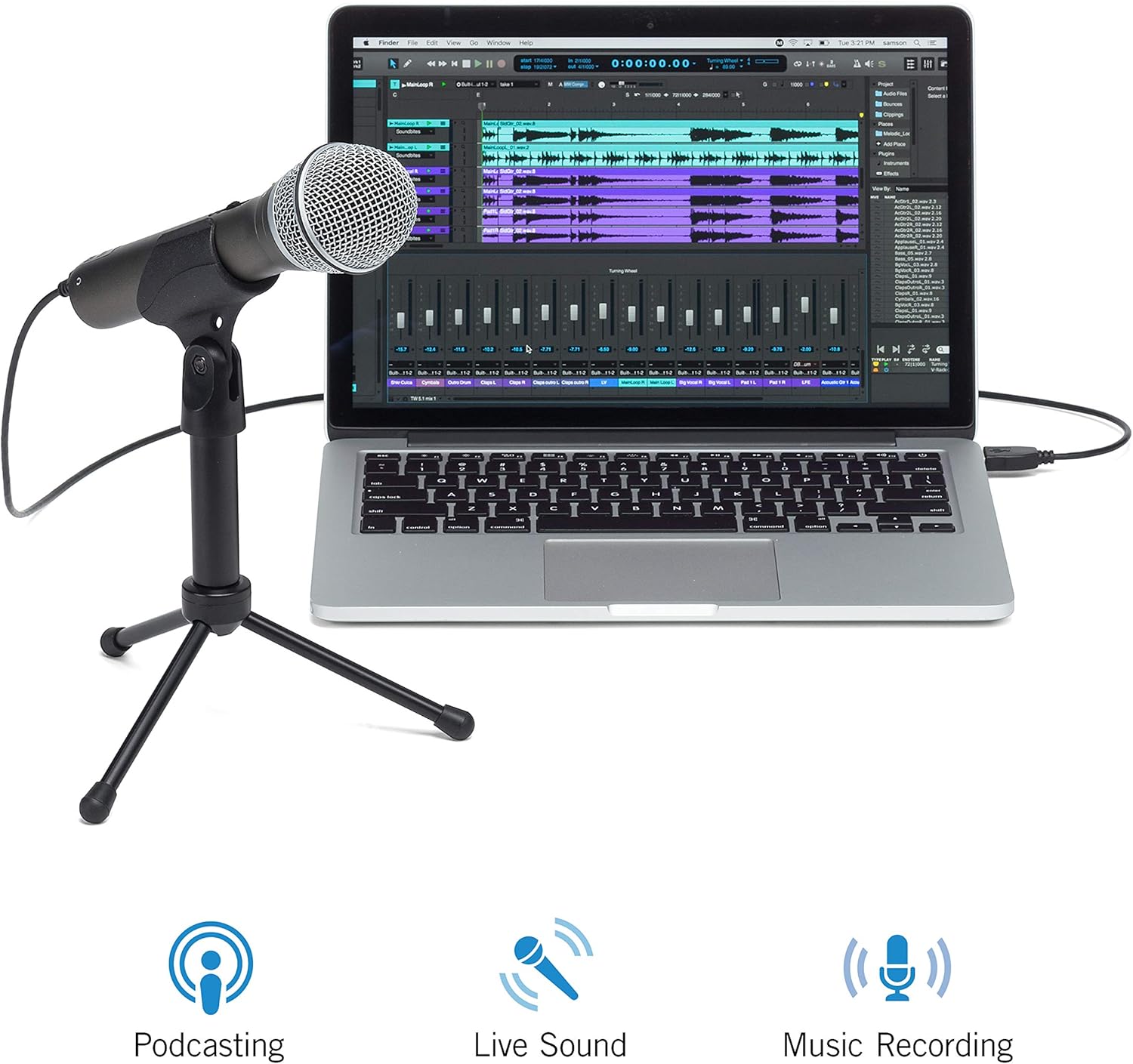 Samson Q2U USB/XLR Dynamic Microphone Recording and Podcasting Pack (Includes Mic Clip, Desktop Stand, Windscreen and Cables): Musical Instruments