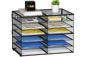 Lavatino 12 Compartments Paper Organizer for Desk, Mesh Literature Organizer, Mail File Sorter Tray with Handle, Desktop Mailbox for Office Classroom Home, Black