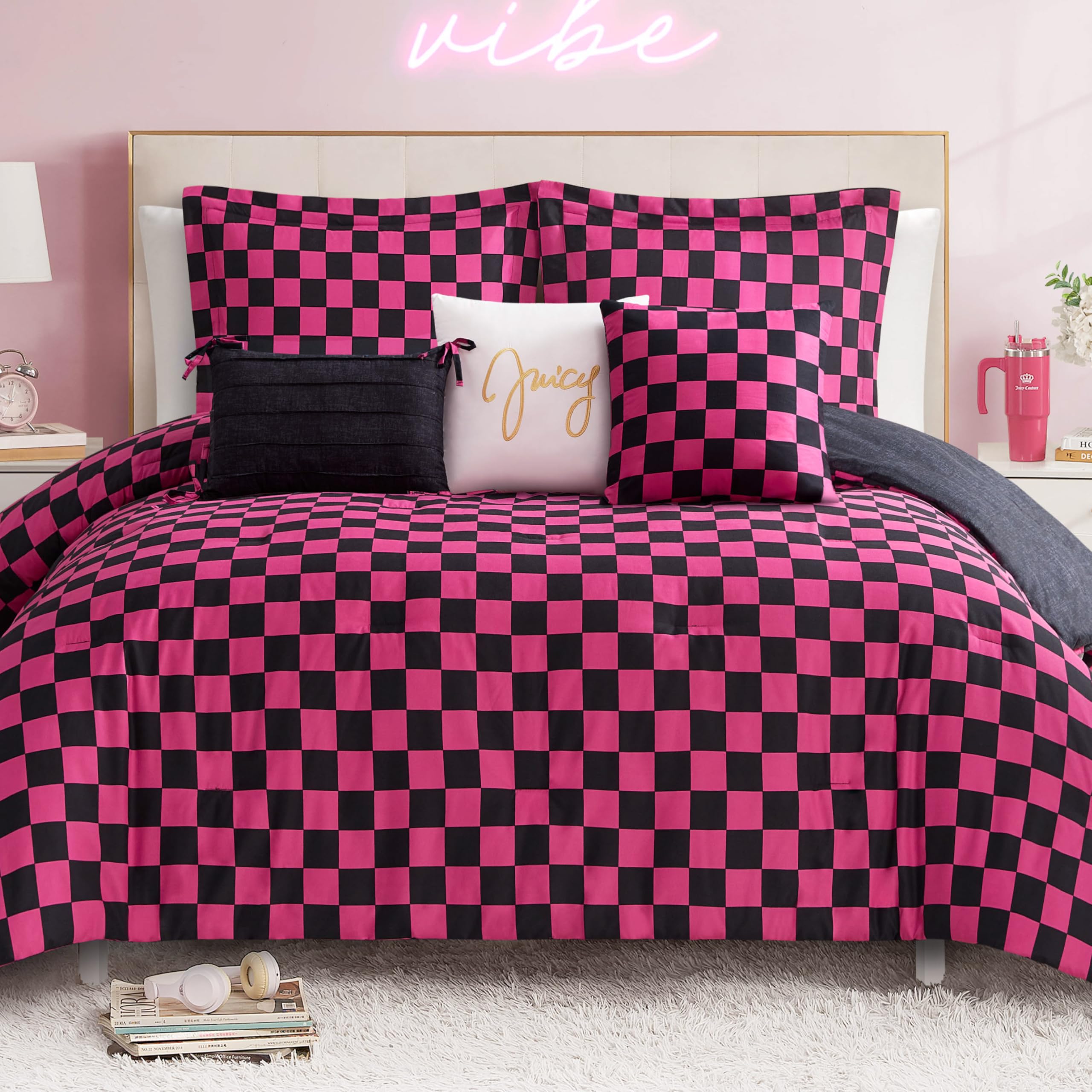 Juicy Couture Reversible Checkerboard Comforter Set 6-Piece King Set, Black/Hot Pink Image Juicy Couture Reversible Checkerboard Comforter Set 6-Piece King Set, Black/Hot Pink Image