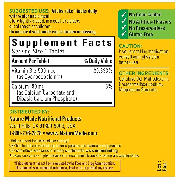 NATURE MADE VITAMIN B12 500 MCG, DIETARY SUPPLEMENT FOR ENERGY METABOLISM SUPPORT, 200 TABLETS, 200 DAY SUPPLY