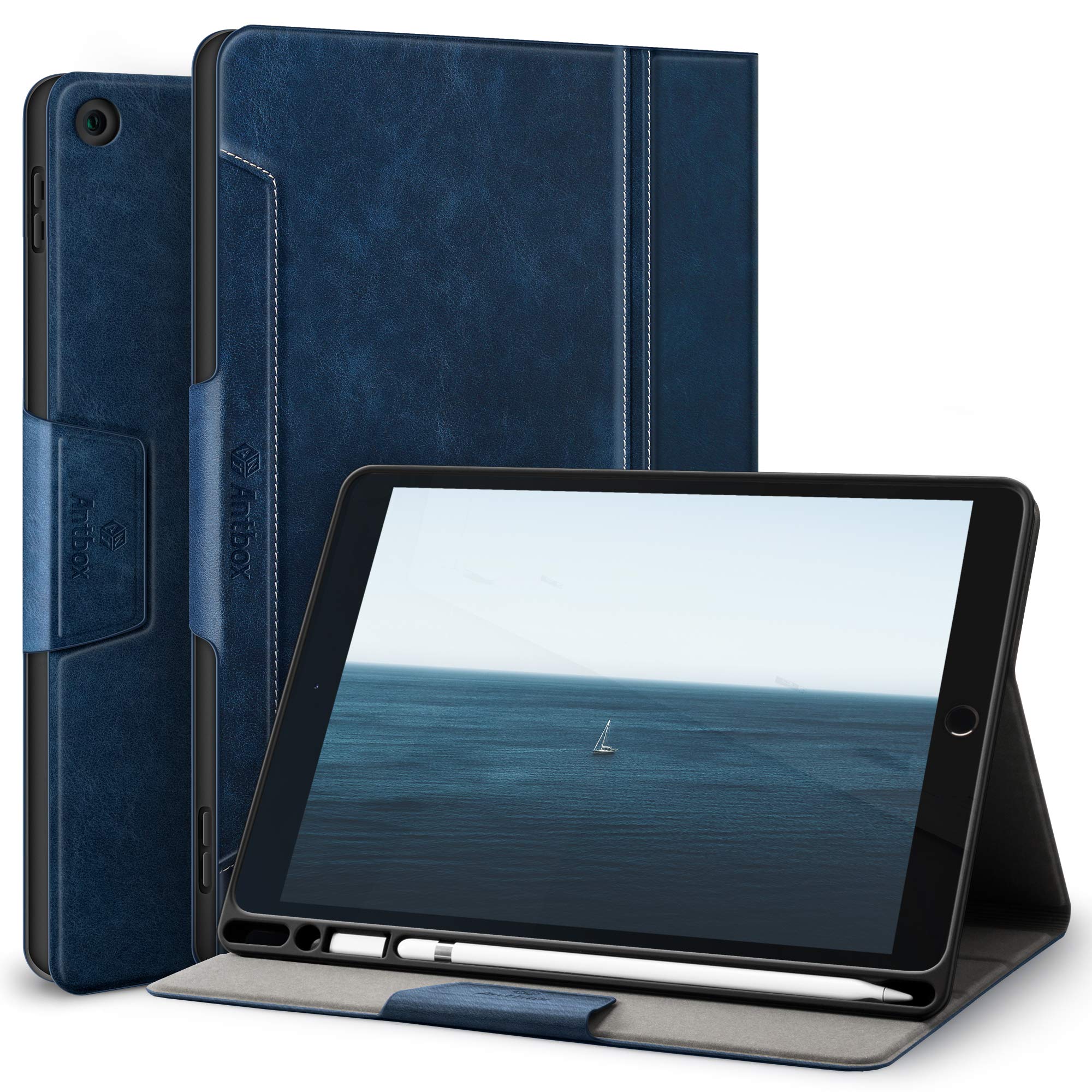 Antbox Case for iPad 9/8/7th Generation 10.2'' 2021/2020/2019 with Built-in Pencil Holder Auto Sleep/Wake Function PU Leather Smart Cover (Blue)