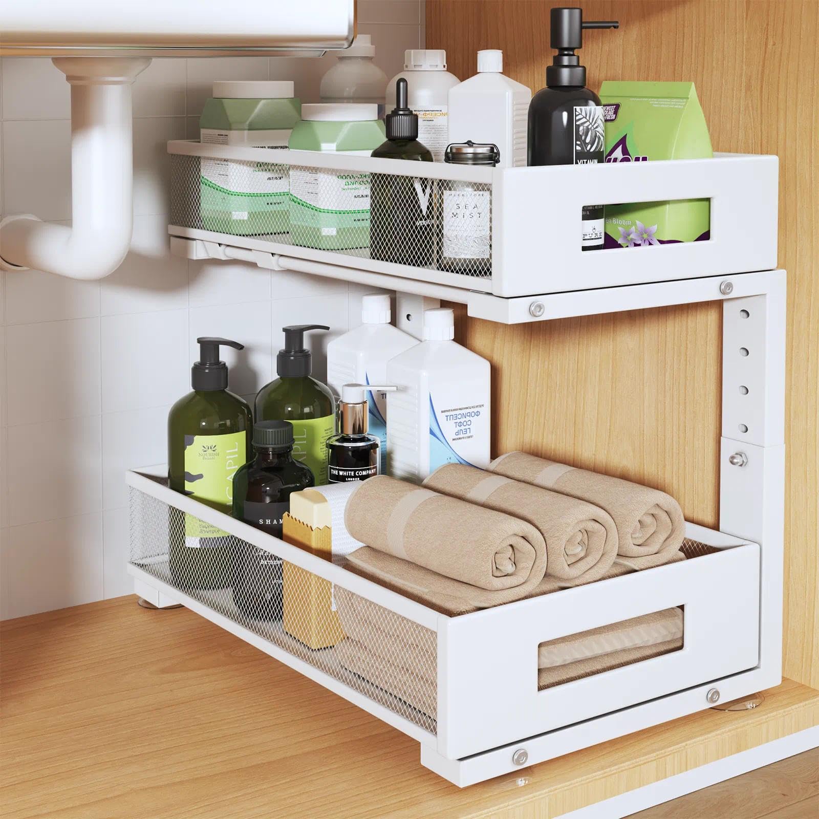 Photo 1 of 1 Pack 17IN Depth Under Sink Organizer, 2-Tier Pull Out Cabinet Organizer With Smooth Circular Rail, Large Capacity Metal Mesh Sliding Drawers For Bathroom& Kitchen Storage,Height Adjustable –White