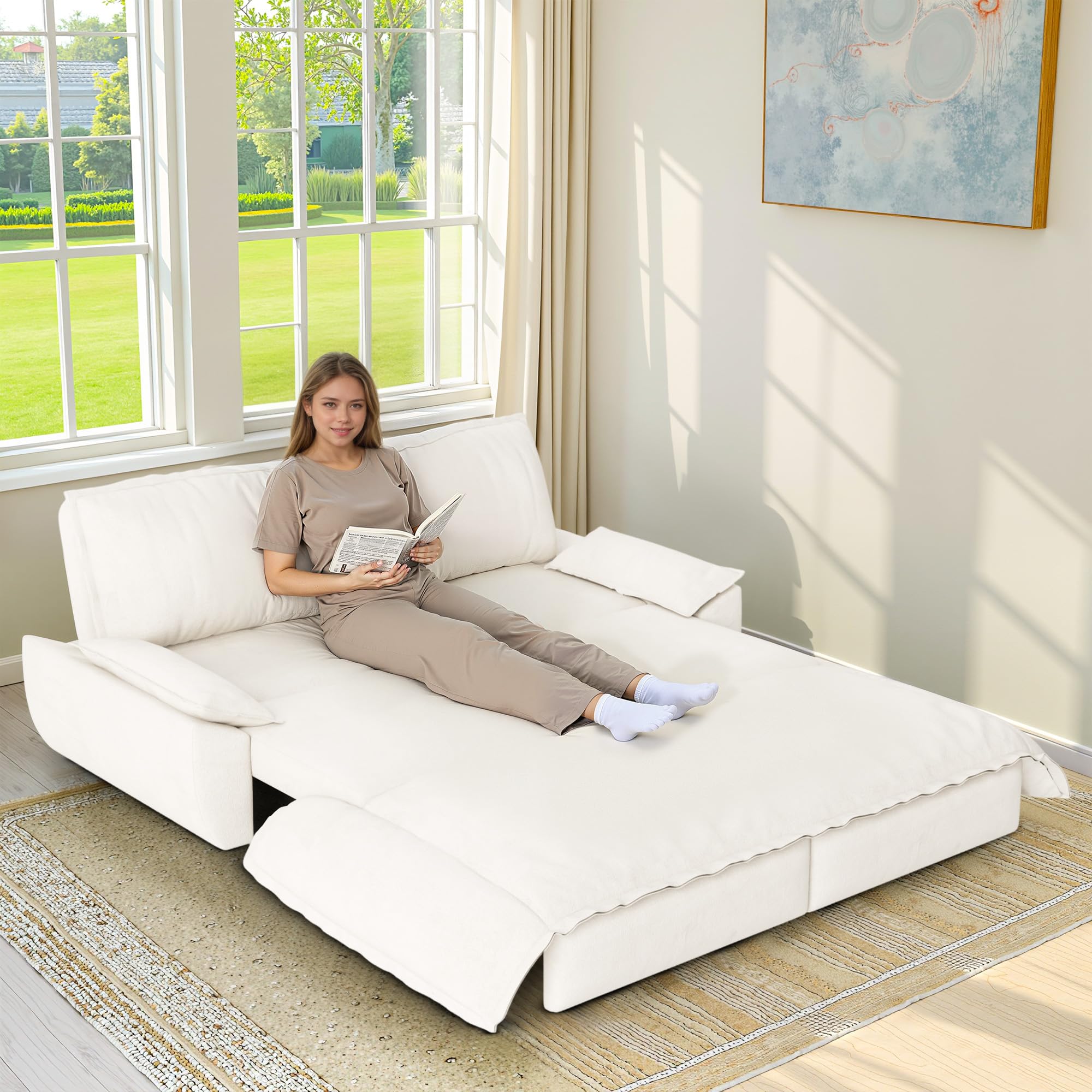 Photo 1 of *** 4 large boxes*** Lyngins 73.2 Inch Queen Size Sleeper Sofa Bed, 3 in 1 Convertible Pull Out Couch Velvet Loveseat Sofa Couch Bed with Side Pockets for Apartment, Bedroom, Living Room, Beige