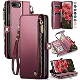 Defencase Compatible with iPhone 8 Plus/ 7 Plus Case Wallet with RFID Blocking Card Holder for Women Men PU Leather Magnetic Snap Flip Zipper Strap Wallet Phone Cases Cover, Wine Red