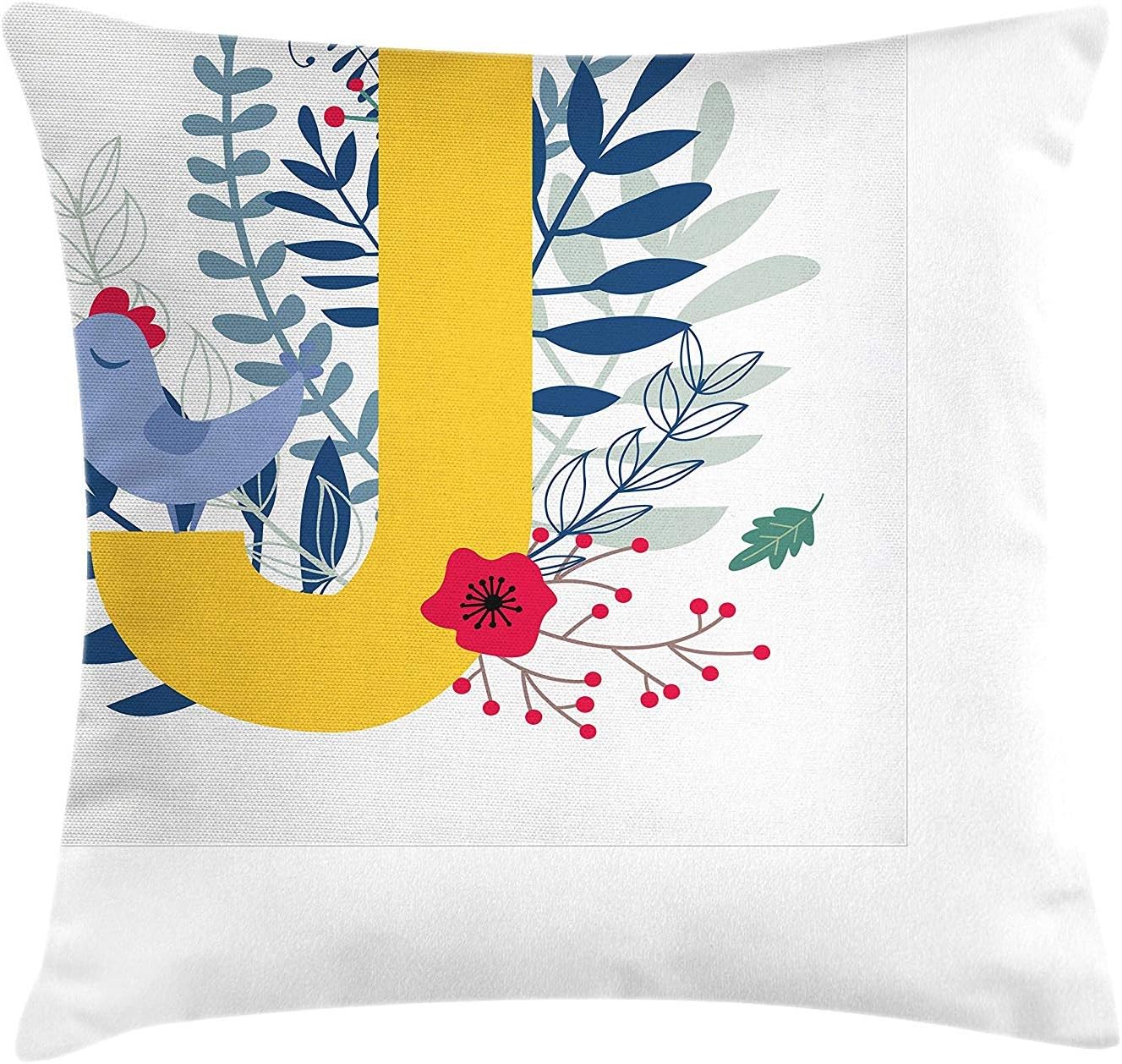 ziHeadwear Letter J Throw Pillow Cushion Cover, Singing Hen with ABC Symbol for Letter on Poppy Flowers and Wild Foliage Backdrop, Decorative Square Accent Pillow Case, Multicolor12