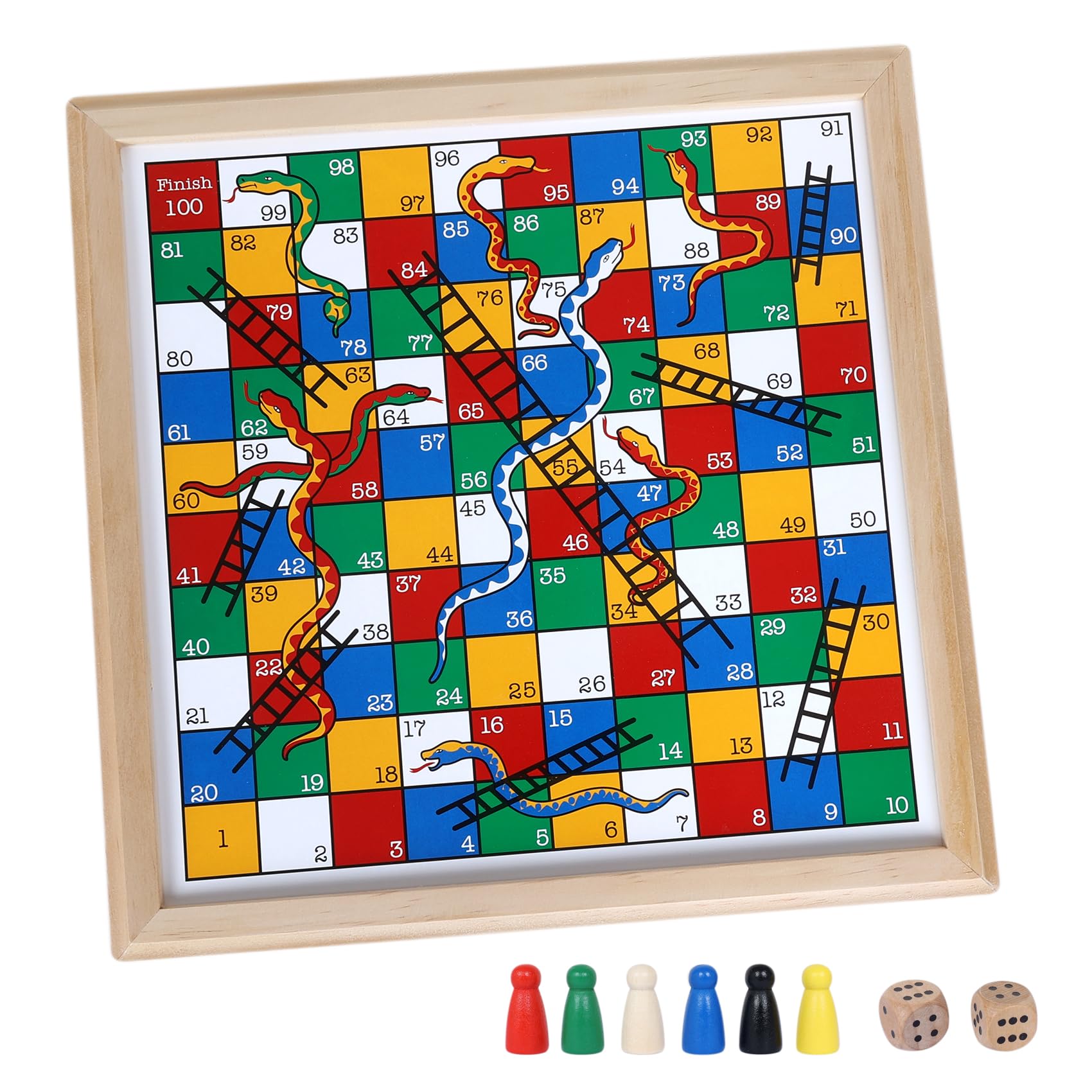 Photo 1 of Gothink Wooden Snakes and Ladders Game - 13 Inch Educational Board Game for Children Ages 3 and Up & Adults - Classic Board Game Includes 6 Counters & 2 Dice, Rules