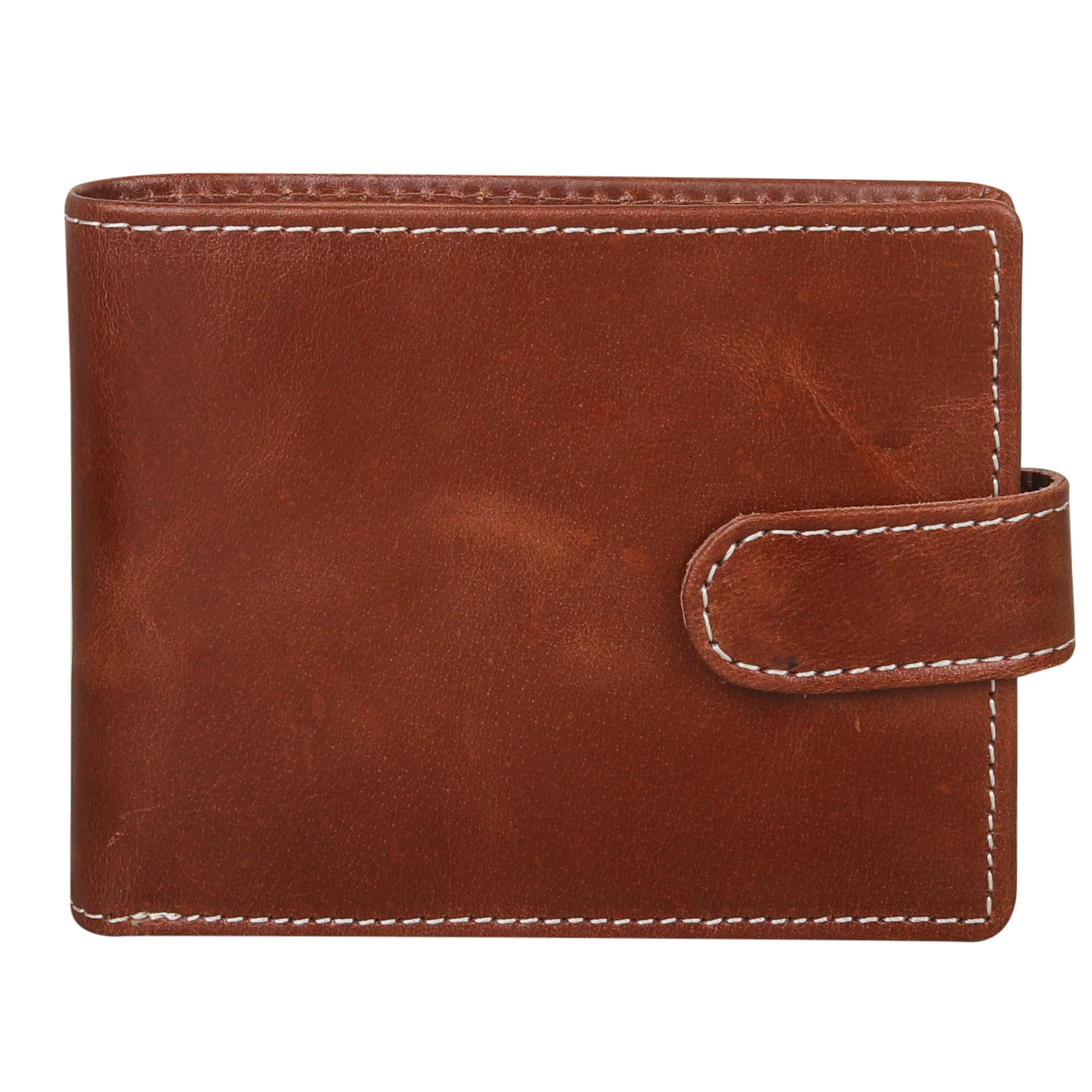 TOPSUM LONDON Mens RFID Blocking Bifold Wallet – Distressed Genuine Leather Coin & Card Holder, Vintage Handcrafted Design, Secure Tab Closure 4019 (Crunch Tan)