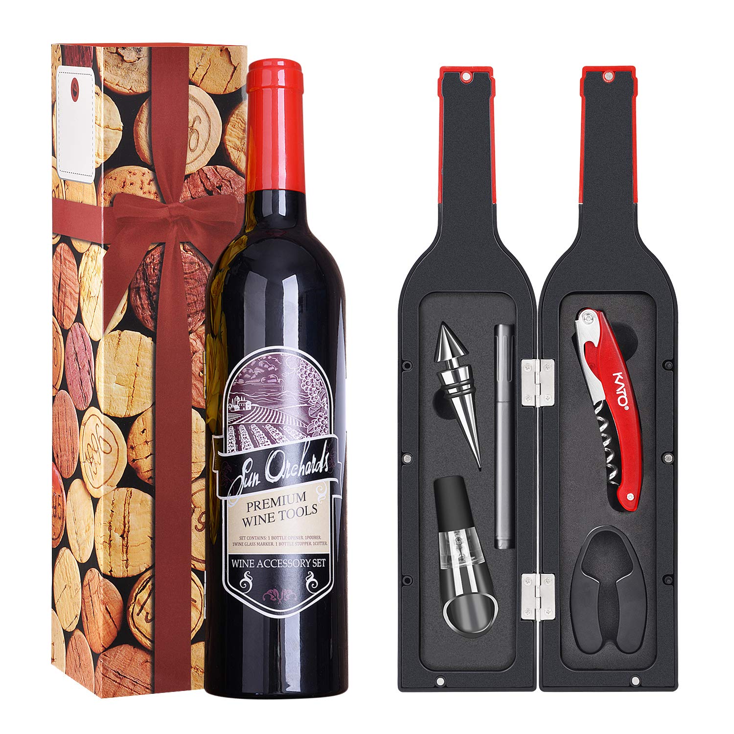 Kato Tirrinia Wine Accessories Gift Set - 5 Pcs Deluxe Wine Opener Bottle Corkscrew Kit, Great Gift for Wine Lover, Gadgets for Men Women, Red