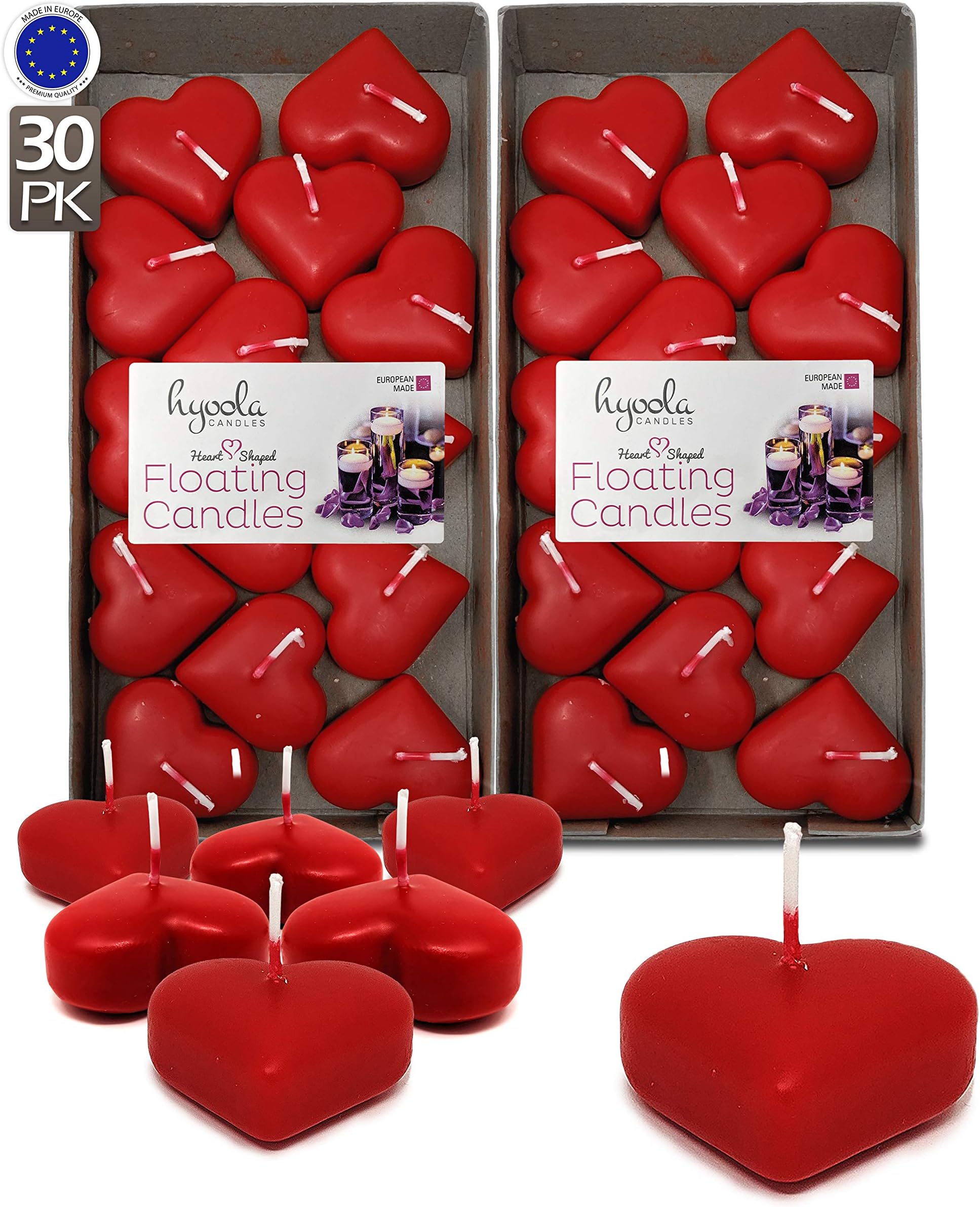 HYOOLA Premium Red Heart Floating Candles - Love Shaped Candles - 1.8 Inch - 2 Hour - 30 Pack - European Made