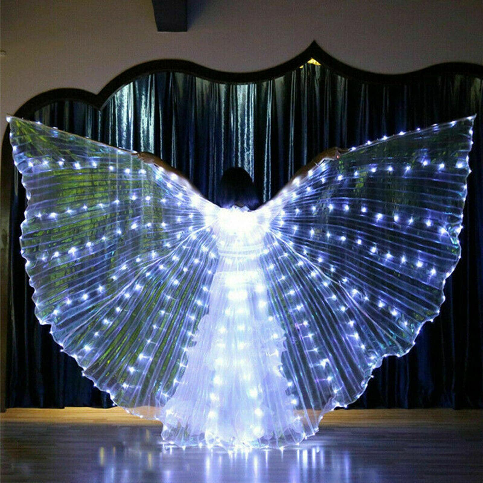 LED Isis Wings Glow Light Up Wing Belly Dance Costumes with Sticks for Adult, Performance Clothing for Carnival Halloween Stage Props(White)