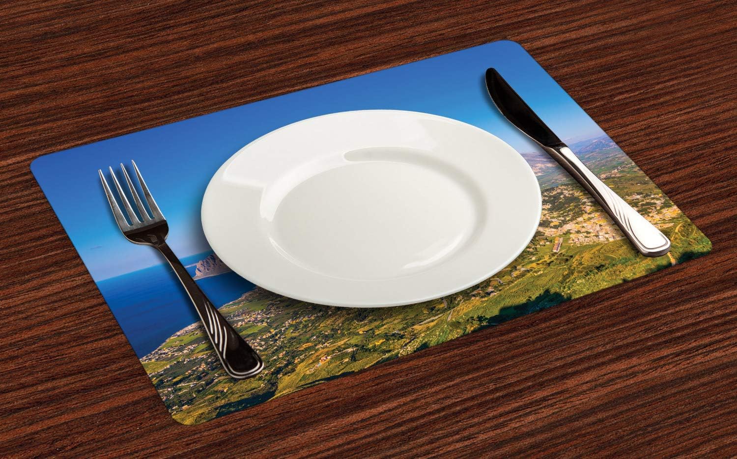 Amazon Com Ambesonne Sicily Place Mats Set Of 4 Fascinating Aerial View Of Sicilian Coast Dominated By Monte Cofano Travel Italy Washable Fabric Placemats For Dining Room Kitchen Table Decor Multicolor Home