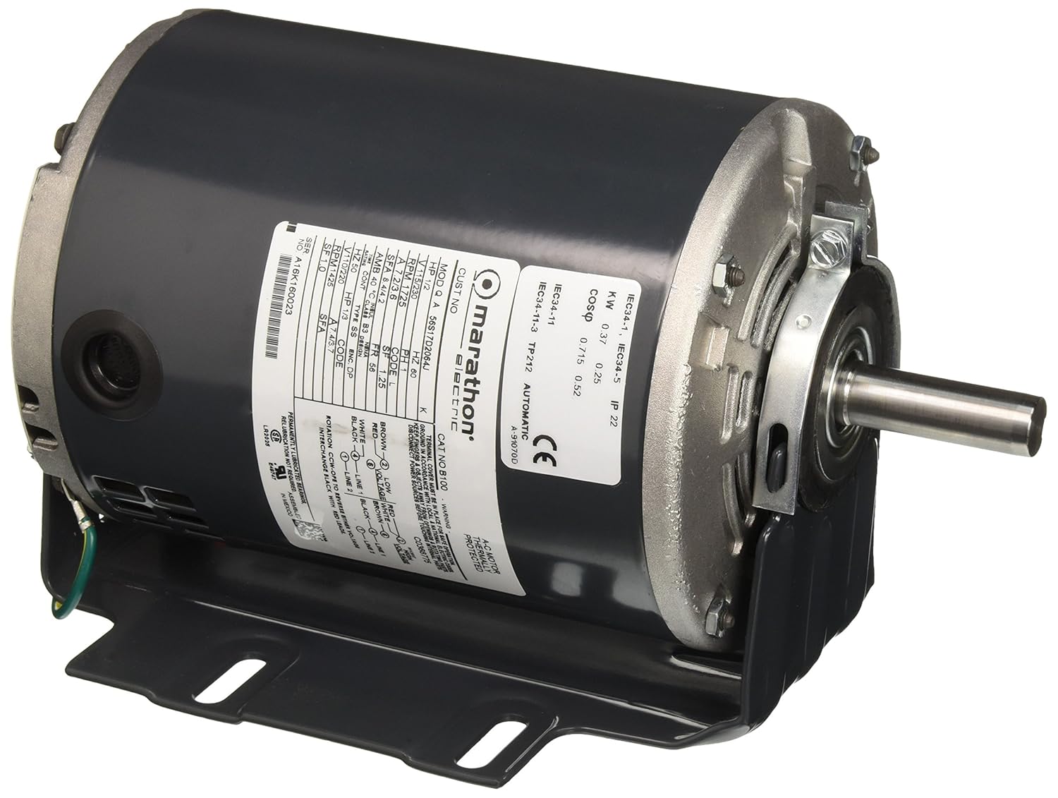Marathon B100 56 Frame Open Drip Proof 56S17D2064 Belt Drive Motor, 1/2 hp, 1725 RPM, 115/230 VAC, 1 Split Phase, 1 Speed, Ball Bearing, Resilient Ring Mount