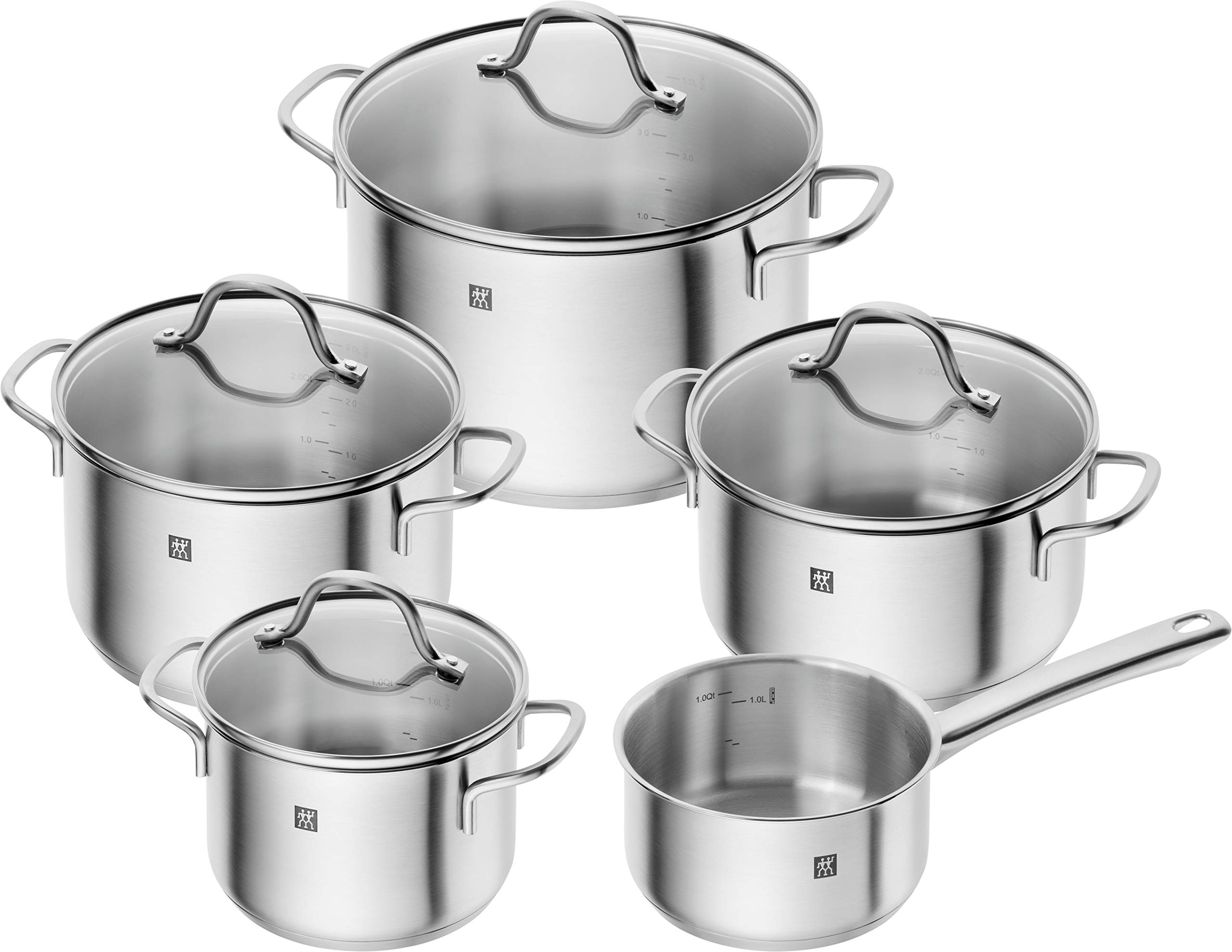 ZWILLING Flow Kochtopf-Set 5-teilig mit Glasdeckel, Induktionsgeeignet, Unbeschichtet, Edelstahl, Silber