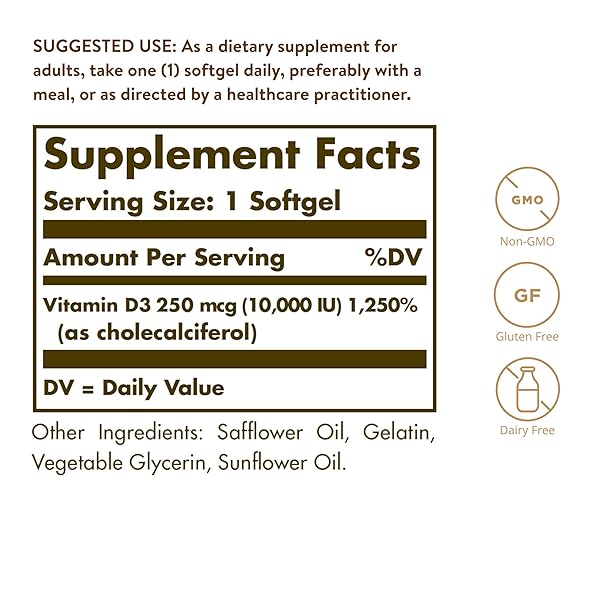 SOLGAR VITAMIN D3 CHOLECALCIFEROL 250 MCG 10000 IU SOFTGELS HELPS MAINTAIN HEALTHY BONES TEETH IMMUNE SYSTEM SUPPORT NON-GMO GLUTEN, DAIRY FREE SERVINGS, 180 COUNT