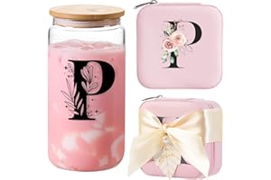 AYGXU Travel Jewelry Organizer, 16oz Glass Cups with Bamboo Lids, Aesthetic Coffee Cups, Graduation Travel Essentials Small Jewelry Box, Personalized Jewelry Boxes for Women, Initial P Pink