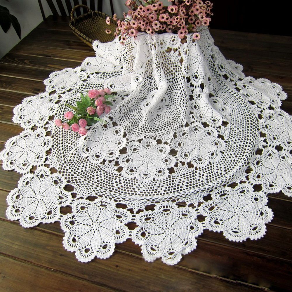 KEPSWET 60 inch Round White Crochet Lace Floral Tablecloth Handmade ...