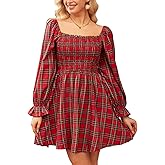 CUPSHE Women's Red Plaid Ruffle Cuff Fall Dress Square Neck Long Puff Sleeve Smocked Bodice Casual Mini Autumn Dresses