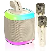 Karaoke Machine for Adults/Kids, Portable Bluetooth Speaker System with 2 Wireless Microphones, Karaoke Speaker with Light and Voice Effects, Supports TF, for Home Party, Meeting(Beige)