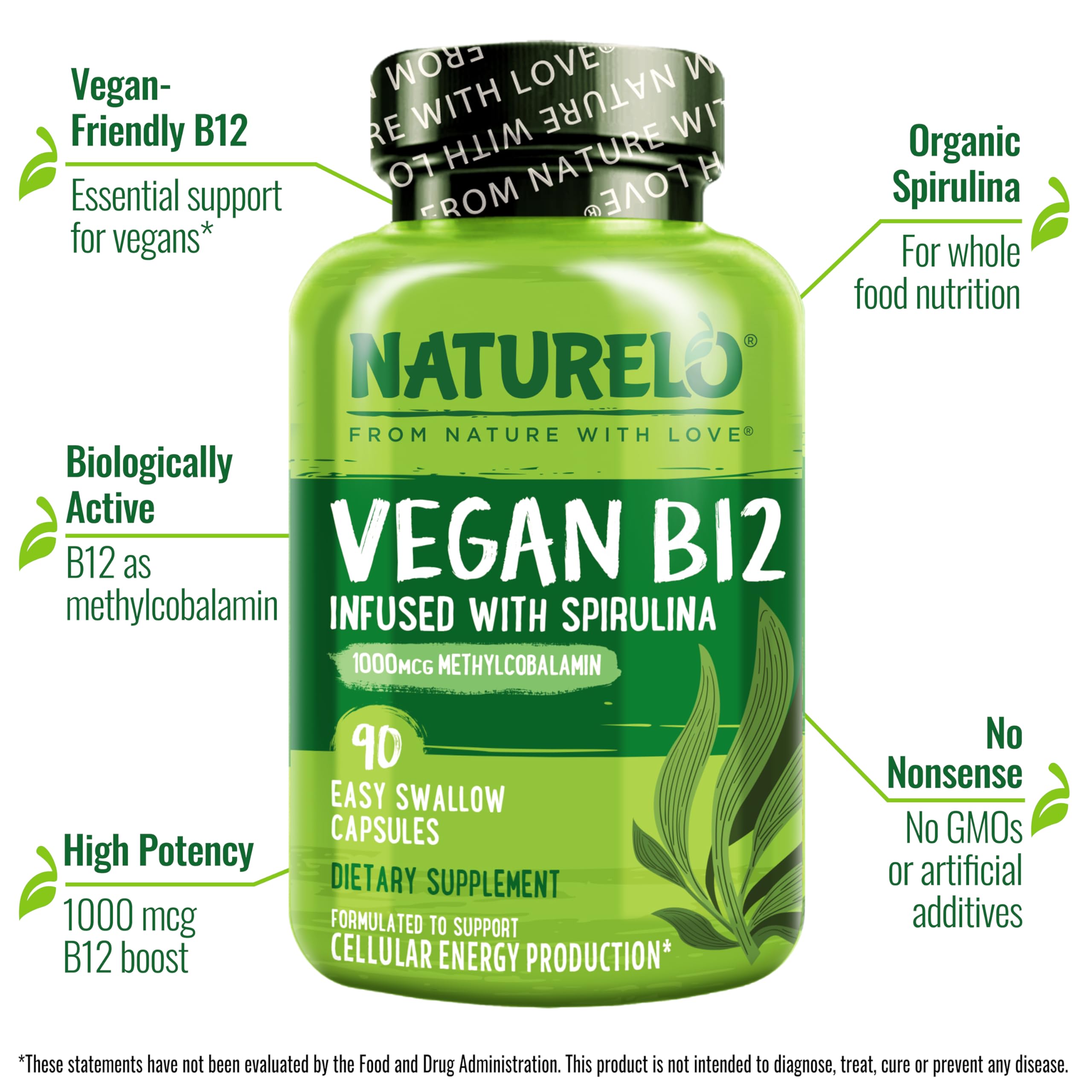 NATURELO Vegan B12 - Methyl B12 with Organic Spirulina - High Potency Vitamin B12 1000 mcg Methylcobalamin - Supports Healthy Mood, Energy, Heart & Eye Health - 90 Capsules