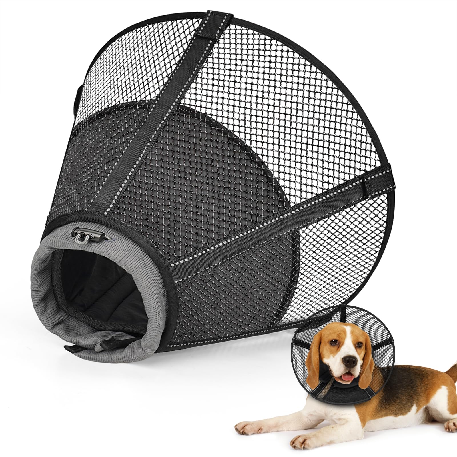 Photo 1 of Dog Cone Collar to Stop Licking: Soft Mesh Recovery Collar After Surgery with Detachable Pad, Elizabeth Cone Alternative for Large Medium, Small Dogs, Normal Eating and Drinking (L, Jet Black)