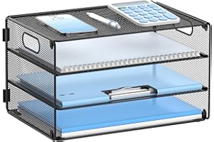 DALTACK 3 Tier Letter Tray Paper Organizer with Handle, Mesh Desk File Organizer, Paper Tray Desk Organizer for School Office
