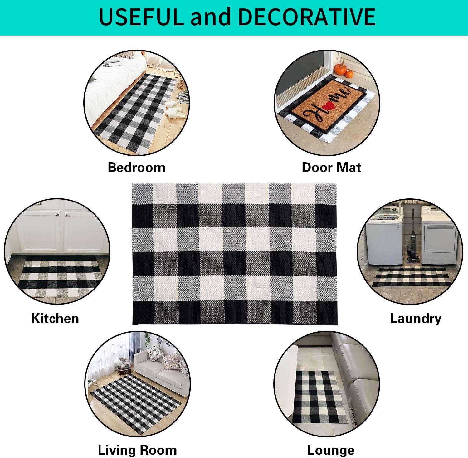 MUBIN Buffalo Plaid Door Mat/Rug Black/White Check Rugs 23.5 x 35.4 Inches Hand-Woven Indoor or Outdoor Rugs for Layered Door Mats Washable Carpet for Front Porch/Kitchen/Farmhouse /Entryway: Kitchen & Dining