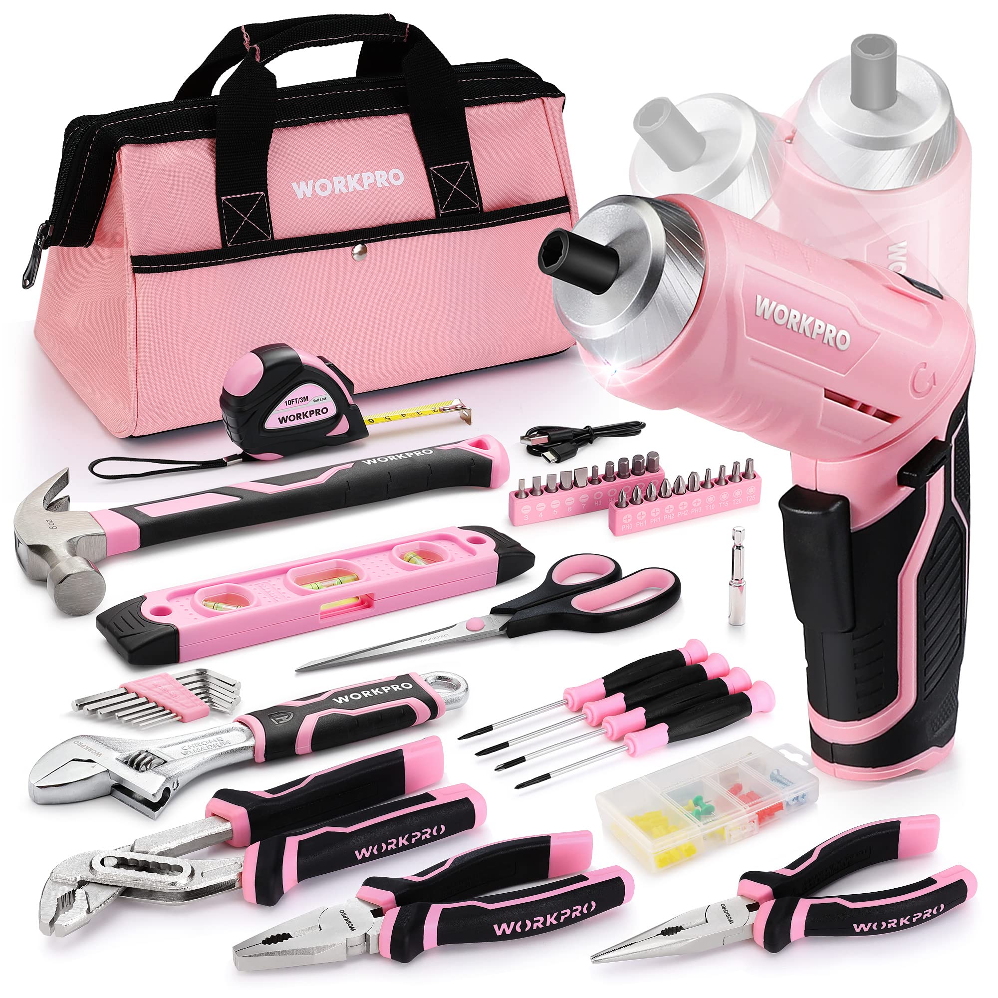 WORKPRO 74-Piece Tool Set with Cordless 3.7V Screwdriver, Pink Tool Kit with Carrying Bag, Perfect for DIY, Home Repair