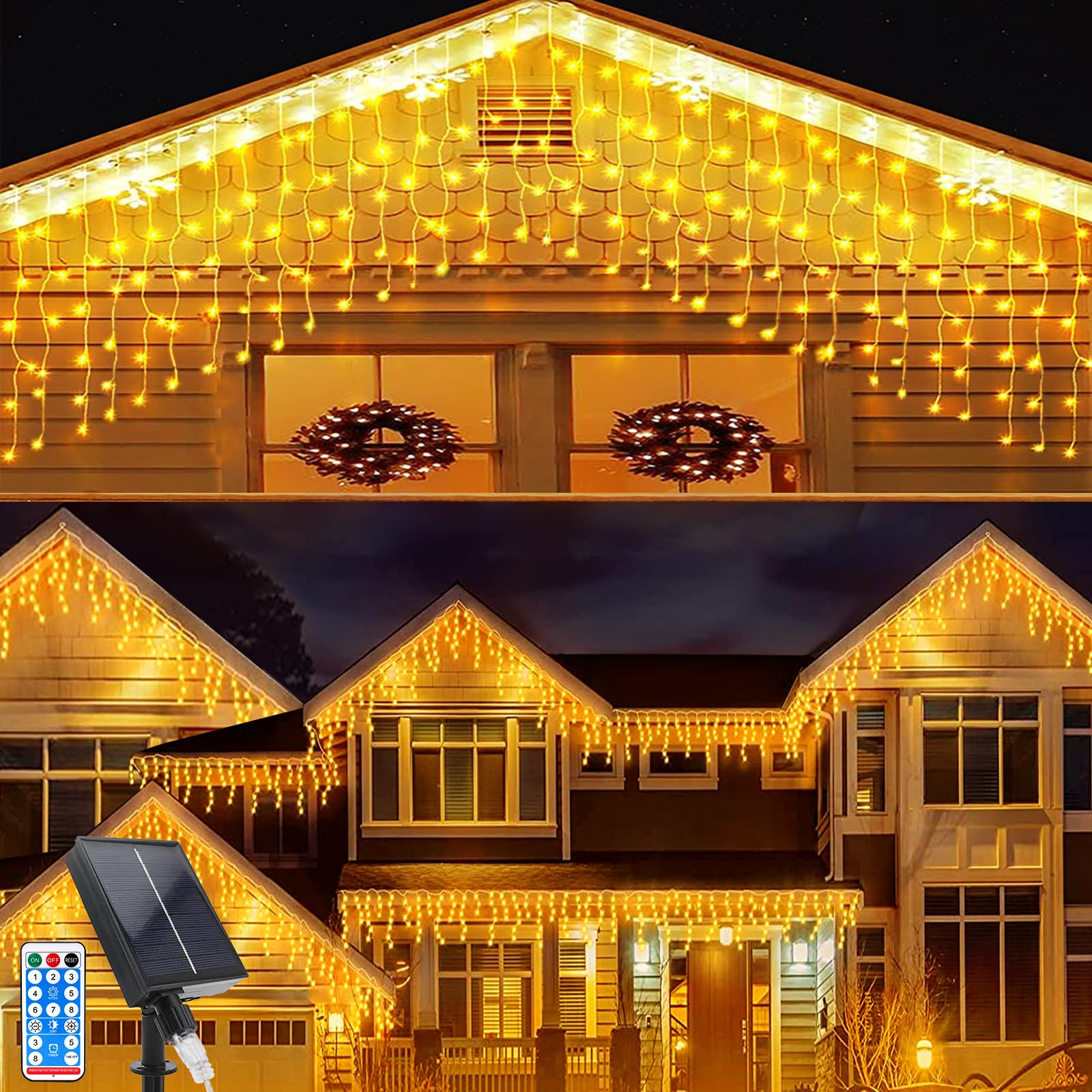 Acxilexy Solar Icicle String Lights Outdoor, 16Ft 128 LEDs Christmas Icicle Lights with 16 Drops, Remote Control, IP65 Waterproof 8 Lighting Modes Curtain Lights for Window, Xmas, Garden Decoration