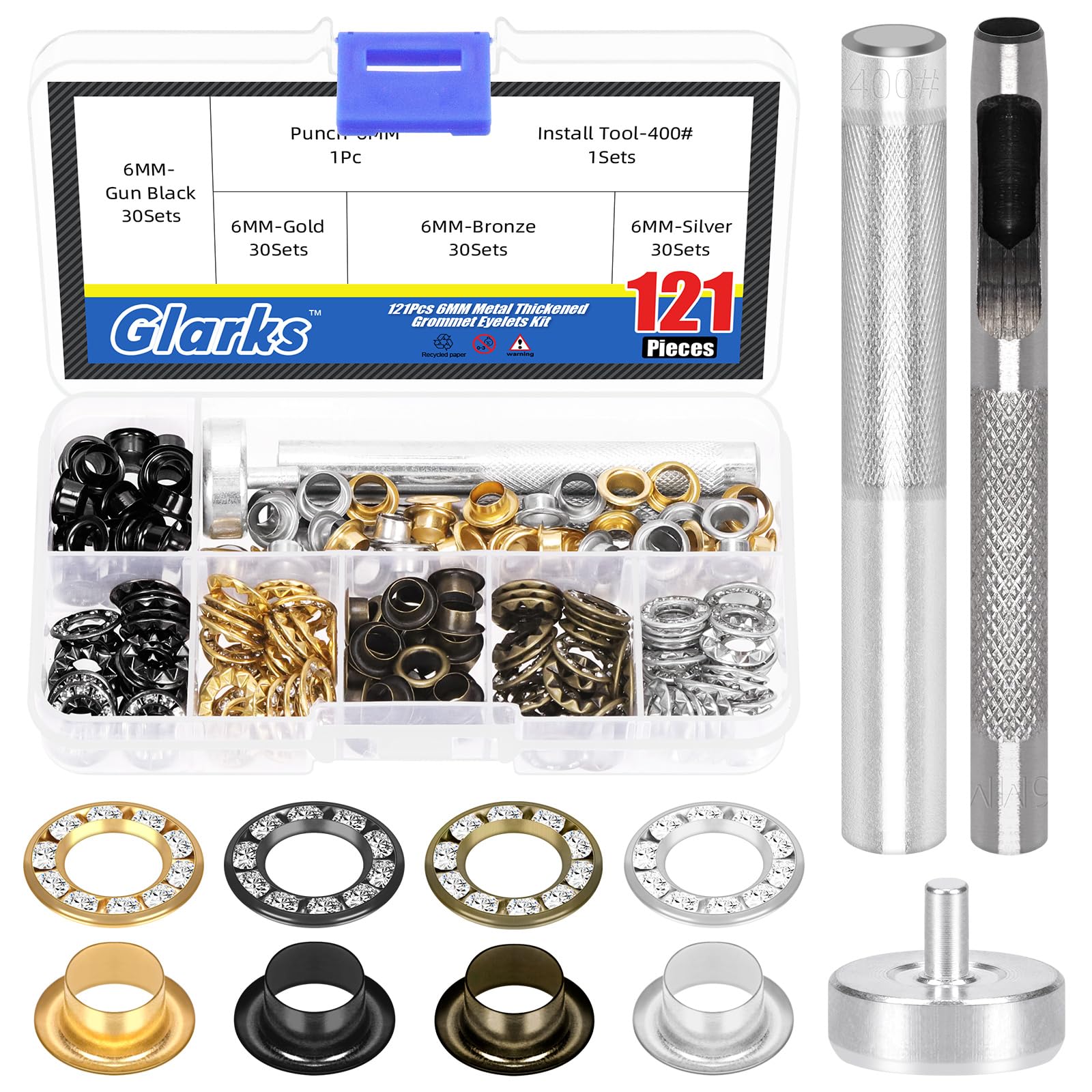 Glarks 122pcs 6mm Grommets with White Diamond Washers Set, 120pcs Golden, Silver, Gun-Black, Bronze Color Metal Grommets Eyelets and 2pcs Installation Tools for Canvas, Leather Repair
