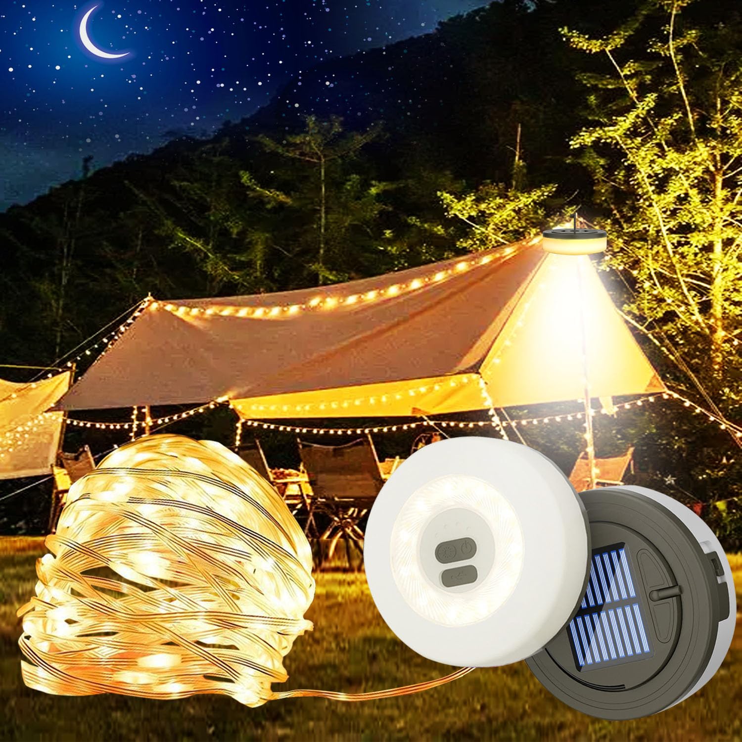 Leehui Solar Rechargeable Camping String Light Reel, Outdoor Portable Stowable Strip Fairy Lights, USB Wind Up Tent Star Lantern for Campsite, Indoor, Awning, Backyard Party Festival Decor