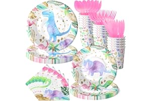 HAPIBIDESIGN Girls Dinosaur Birthday Party Favors, Pink Dino Party, Girls Dinosaur Theme Birthday Party Supplies (DINOSAUR TABLEWARE)