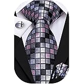 Hi-Tie Mens Plaid Ties Classic Paisley Necktie with Handkerchief Cufflinks Set Business Stripe Tie