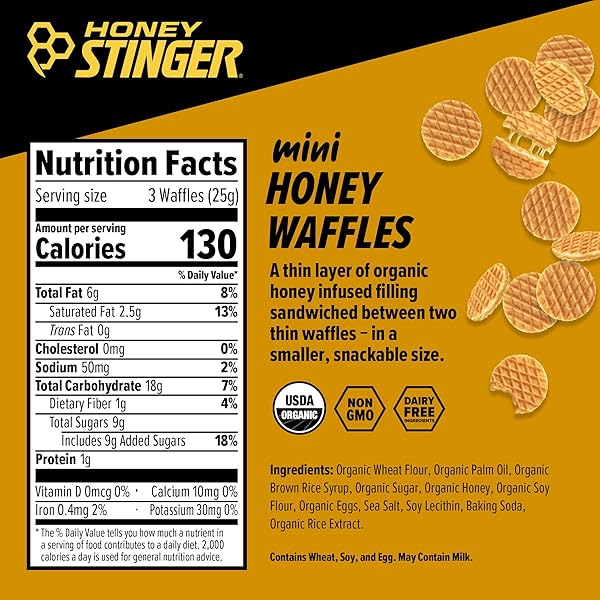 HONEY STINGER ORGANIC MINI HONEY WAFFLES, ENERGY STROOPWAFEL FOR EXERCISE, ENDURANCE AND PERFORMANCE, SPORTS NUTRITION FOR HOME & GYM, PRE AND POST WORKOUT, 1 BAG, 5.3 OUNCES