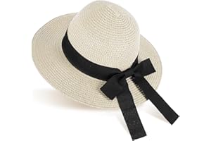 GNEGNI Girls Straw Sun Hat with Bowknot, Boho Summer Beach Hat, Wide Brim Floppy Hat, Outdoor Sun Protection Hat for Kids Ages 3-6