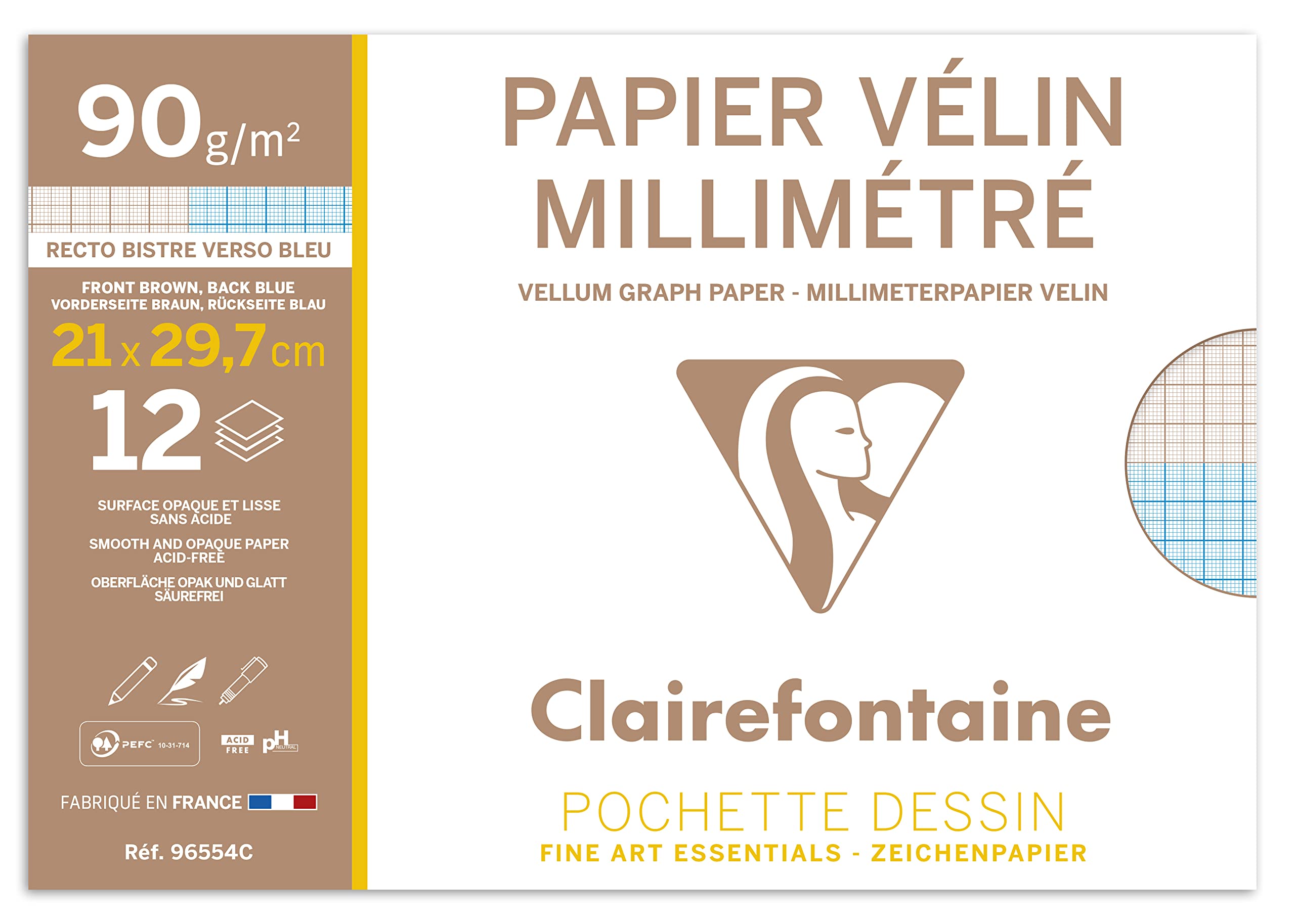 Clairefontaine - Ref 96554C - White Vellum Graph Paper (12 Sheets) - A4 (297 x 210mm) Sized, 90gsm Paper, Graph Rulings, Sepia Front & Blue Back, Smooth Surface