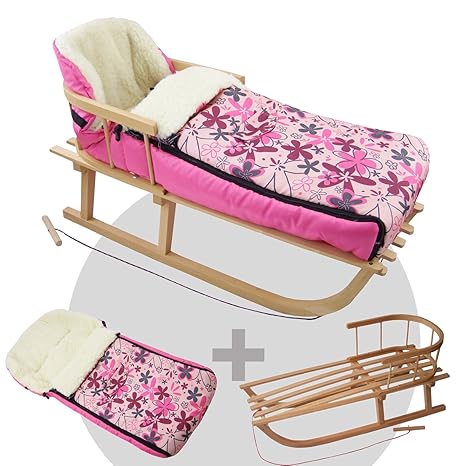 BAMBINIWELT Kombi-Angebot Holz-Schlitten mit Rückenlehne & Zugseil + universaler Winterfußsack (108cm), auch geeignet für Bab